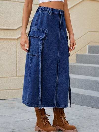 Slit Pocketed High Waist Denim Skirt - Trendsi - Flyclothing LLC