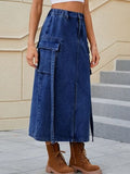 Slit Pocketed High Waist Denim Skirt - Trendsi