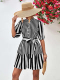 Striped Half Sleeve Tie Waist Mini Dress - Trendsi - Flyclothing LLC