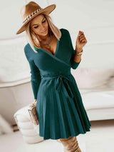Surplice Neck Tie Front Pleated Sweater Dress - Trendsi - Flyclothing LLC