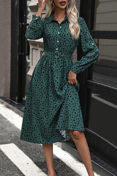 Polka Dot Tied Button Up Dress - Trendsi