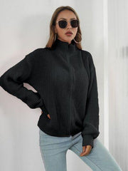 Turtleneck Zip Up Long Sleeve Knit Top - Flyclothing LLC