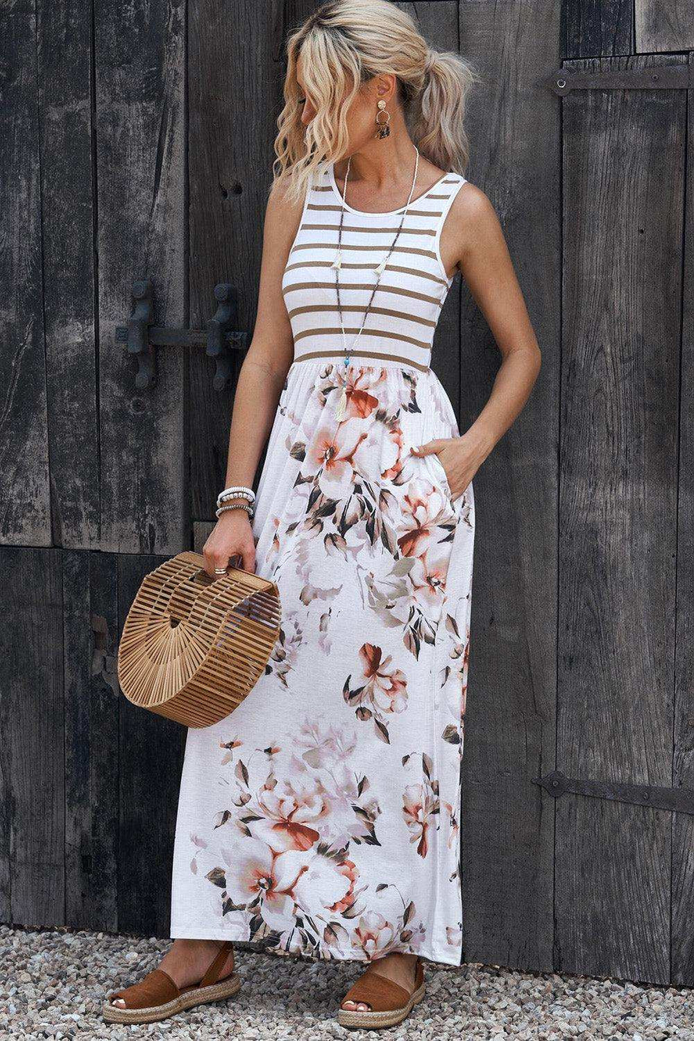 Striped Floral Round Neck Sleeveless Maxi Dress - Trendsi - Flyclothing LLC