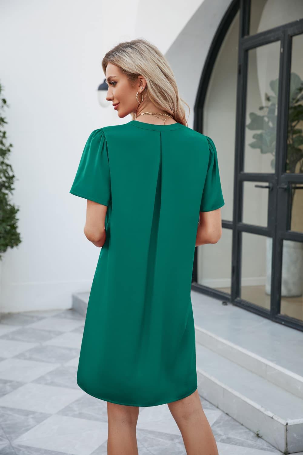 Notched Puff Sleeve Shift Dress - Trendsi
