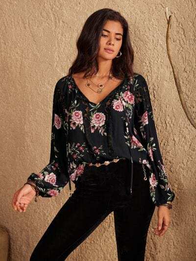 Flower Printed Tie Neck Long Sleeve Blouse - Trendsi - Flyclothing LLC
