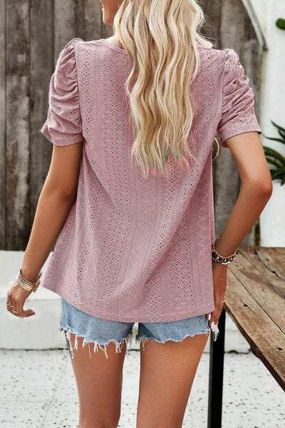 Eyelet Square Neck Puff Sleeve T-Shirt - Trendsi - Flyclothing LLC