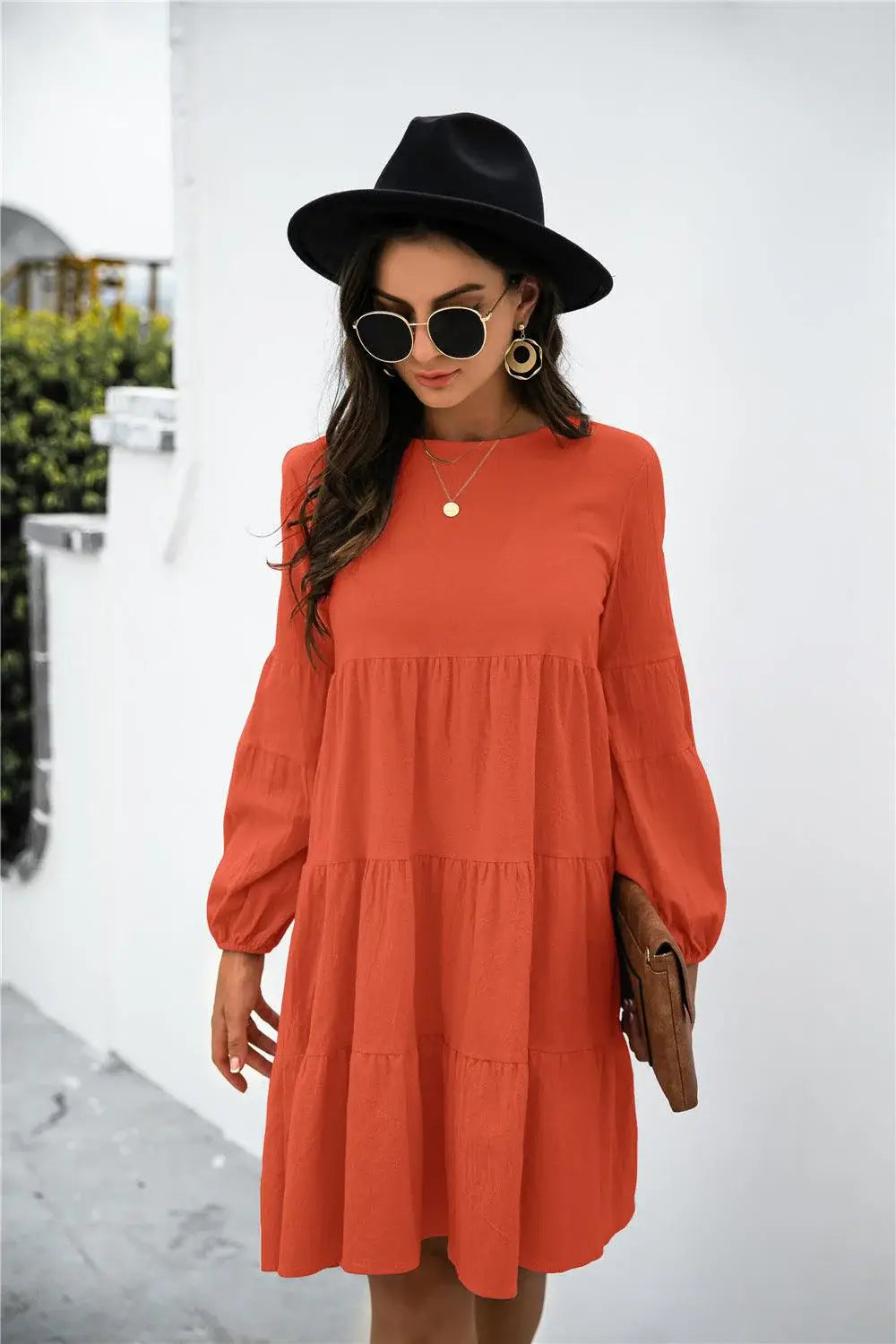 Balloon Sleeve Keyhole Tiered Dress - Trendsi - Flyclothing LLC