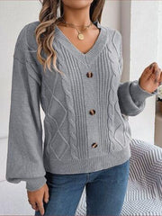 Cable-Knit Buttoned V-Neck Sweater - Trendsi