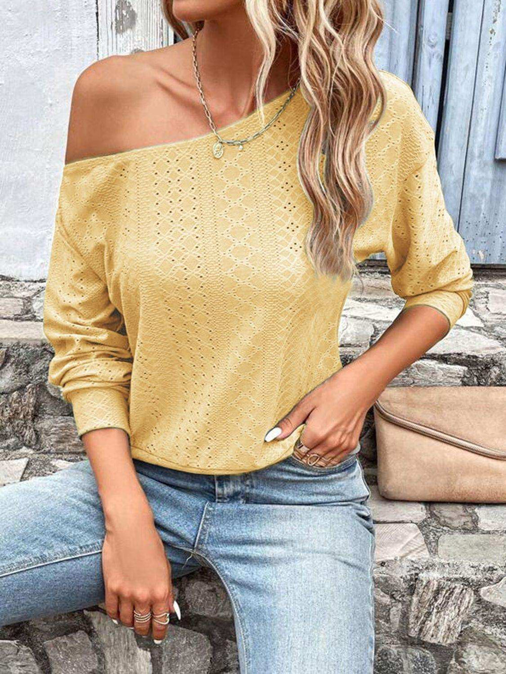Eyelet Dropped Shoulder Blouse - Trendsi - Flyclothing LLC