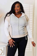 Double Take Color Block Exposed Seam Drawstring Hoodie - Trendsi - Flyclothing LLC