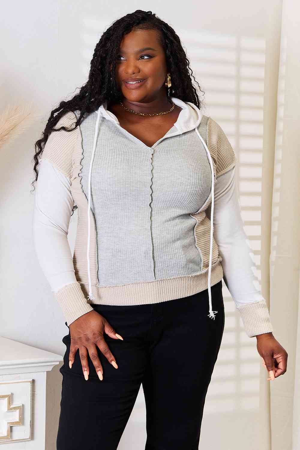 Double Take Color Block Exposed Seam Drawstring Hoodie - Trendsi - Flyclothing LLC