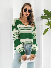 Striped V-Neck Long Sleeve Knit Top - Flyclothing LLC