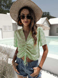 Floral Drawstring Deep V Cropped Blouse - Trendsi - Flyclothing LLC