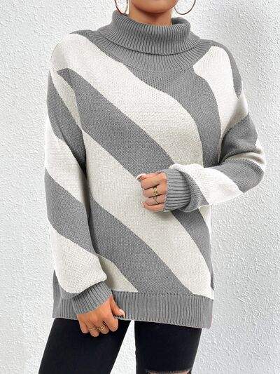 Striped Turtleneck Dropped Shoulder Sweater - Trendsi - Flyclothing LLC