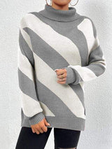 Striped Turtleneck Dropped Shoulder Sweater - Trendsi - Flyclothing LLC