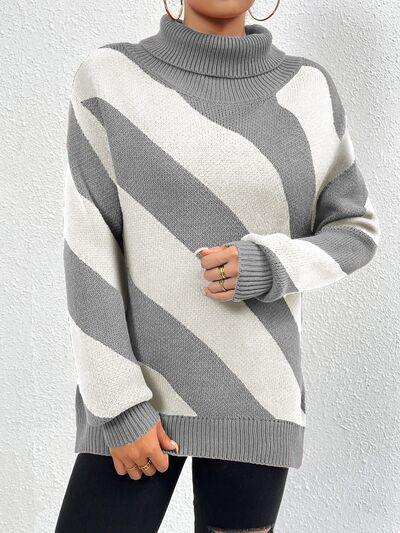 Striped Turtleneck Dropped Shoulder Sweater - Trendsi - Flyclothing LLC