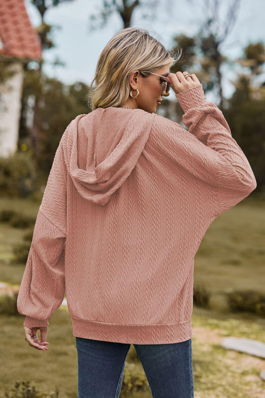 Cable-Knit Long Sleeve Hooded Jacket - Trendsi