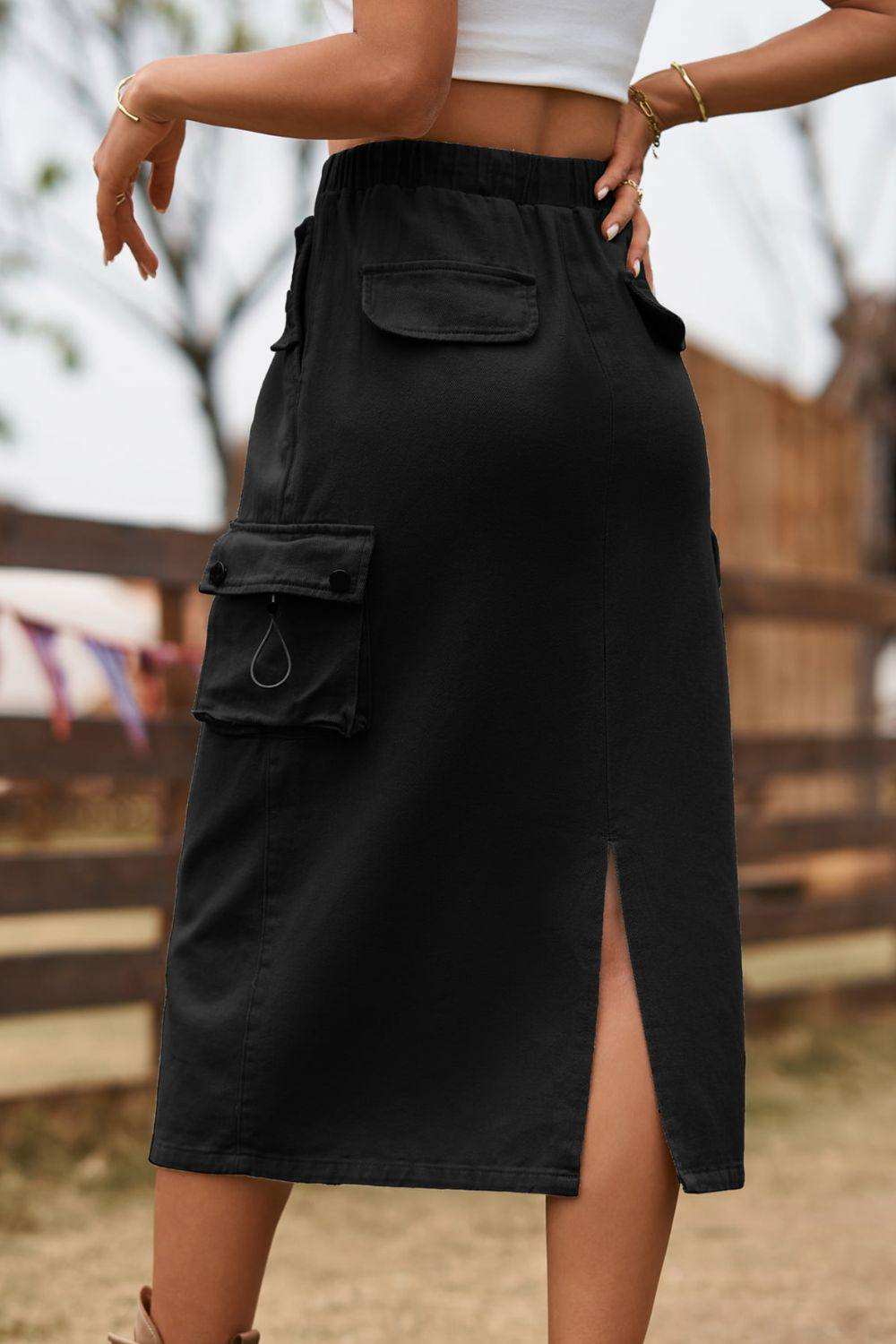 Drawstring Waist Slit Denim Skirt - Trendsi - Flyclothing LLC