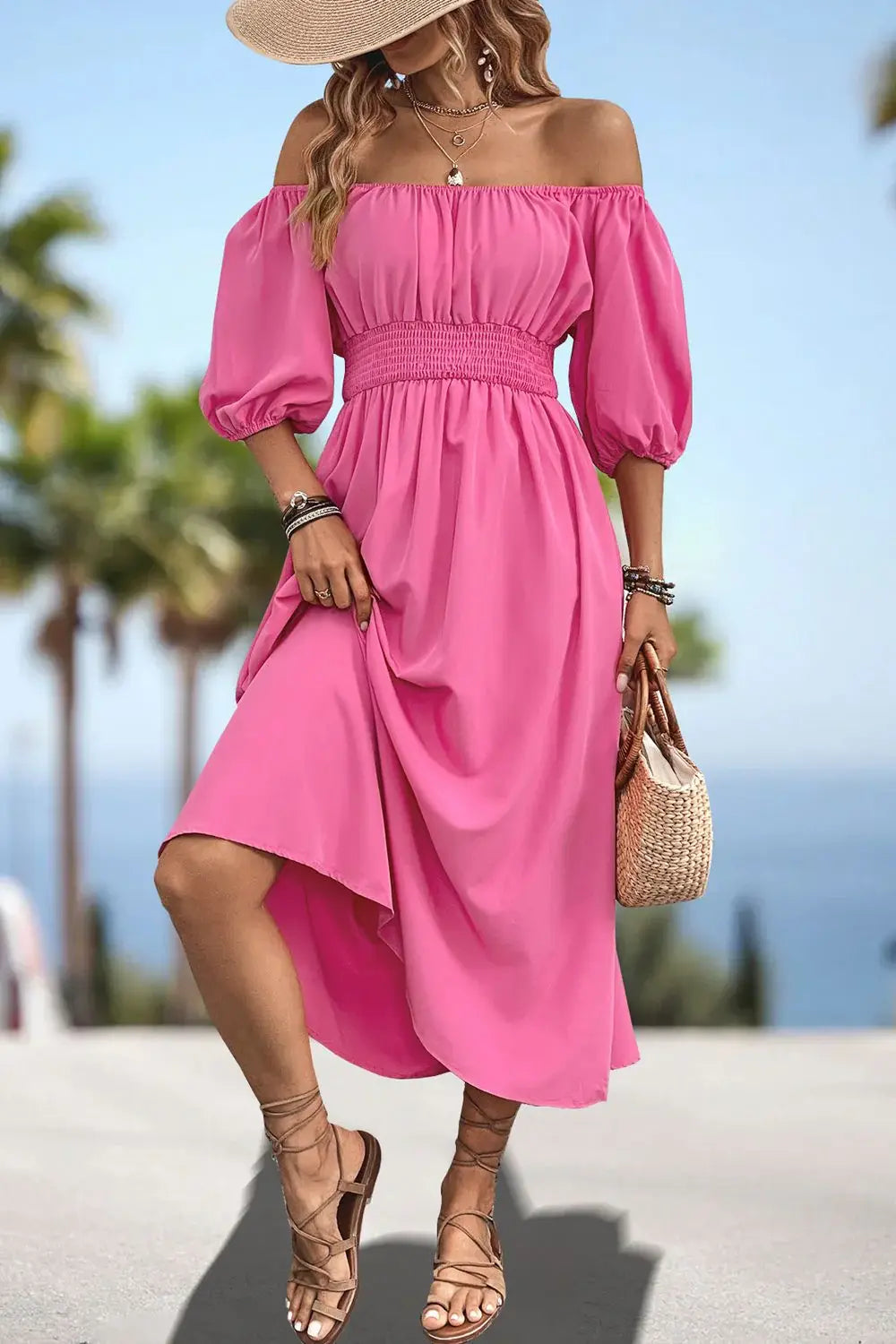 Square Neck Smocked Waist Puff Sleeve Midi Dress - Trendsi - Flyclothing LLC