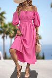 Square Neck Smocked Waist Puff Sleeve Midi Dress - Trendsi