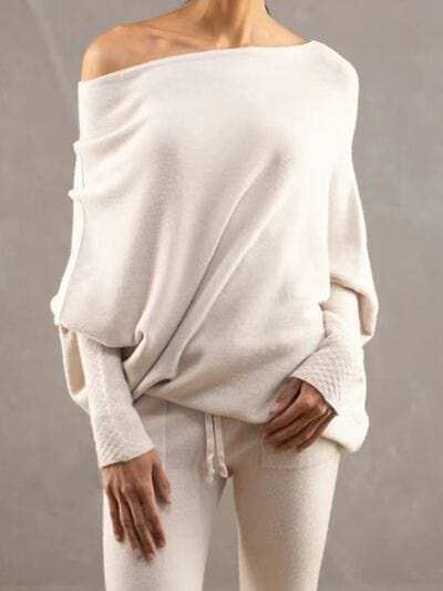 Full Size Boat Neck Batwing Sleeve Knit Top - Trendsi - Flyclothing LLC