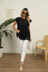 Swiss Dot Round Neck Tiered Blouse - Trendsi - Flyclothing LLC