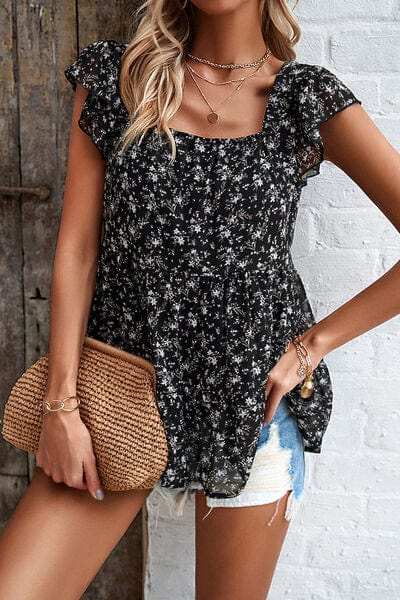 Printed Square Neck Cap Sleeve Blouse - Trendsi - Flyclothing LLC