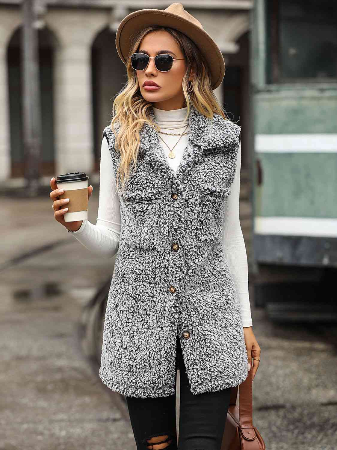Full Size Button Down Collared Neck Vest - Trendsi - Flyclothing LLC