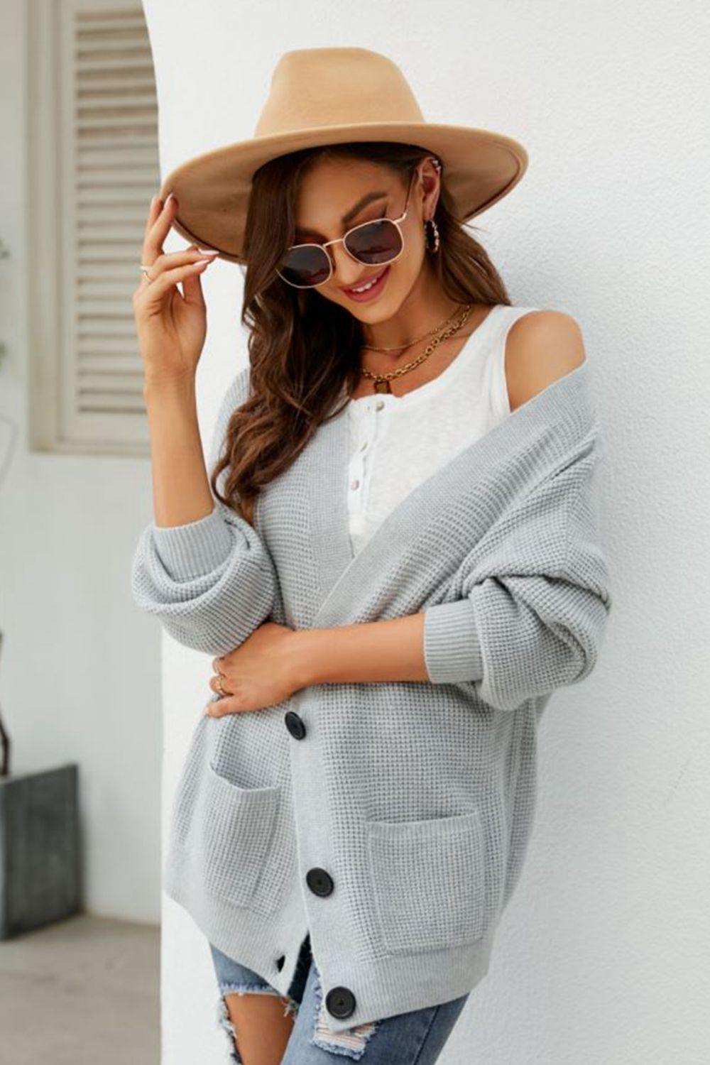 Waffle-Knit Dropped Shoulder Cardigan - Trendsi - Flyclothing LLC