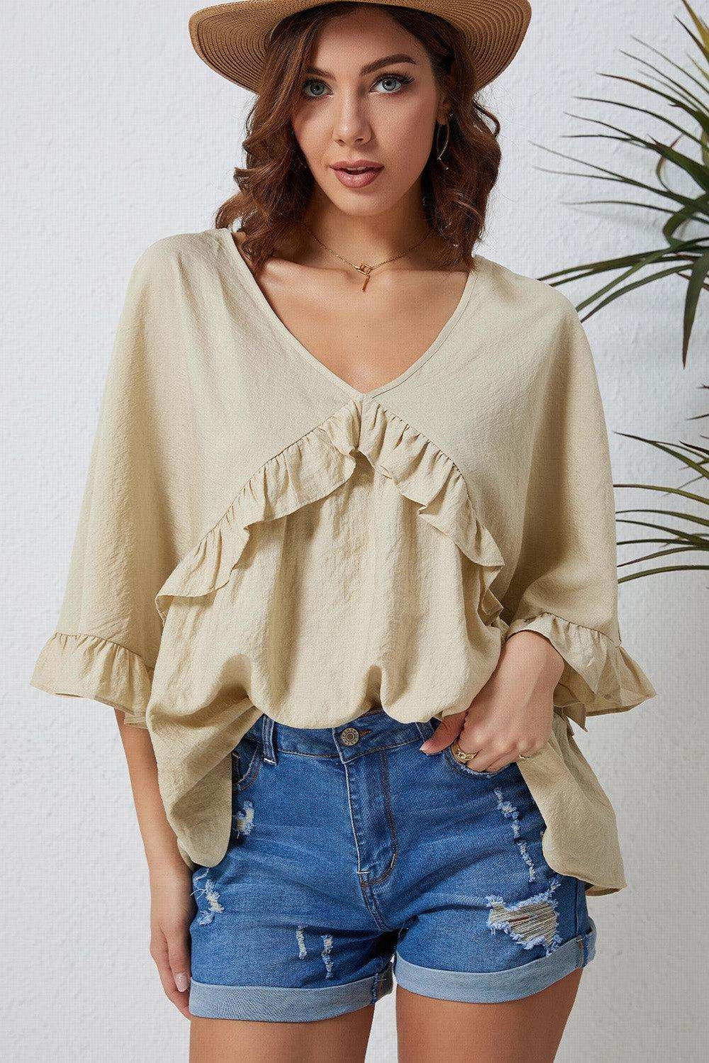 Ruffled V-Neck Half Sleeve Blouse - Trendsi - Flyclothing LLC