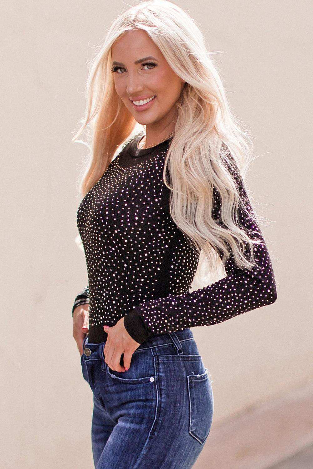 Rhinestone Round Neck Long Sleeve Bodysuit - Trendsi - Flyclothing LLC