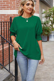 Round Neck Smocked Lantern Sleeve Blouse - Trendsi - Flyclothing LLC