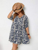 Plus Size Printed V-Neck Half Sleeve Mini Dress - Trendsi - Flyclothing LLC