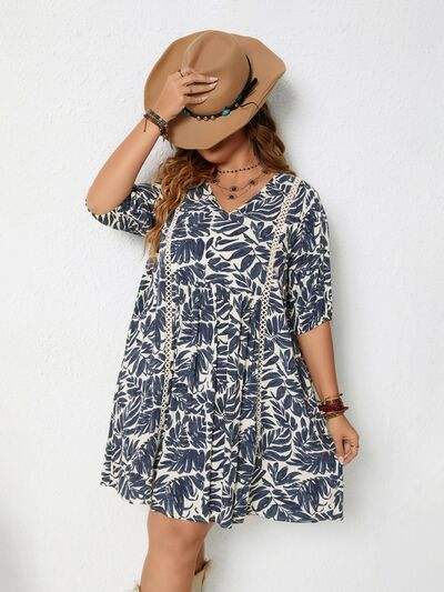 Plus Size Printed V-Neck Half Sleeve Mini Dress - Trendsi - Flyclothing LLC