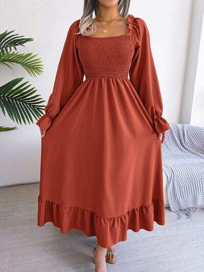Smocked Square Neck Flounce Sleeve Dress - Trendsi - Flyclothing LLC