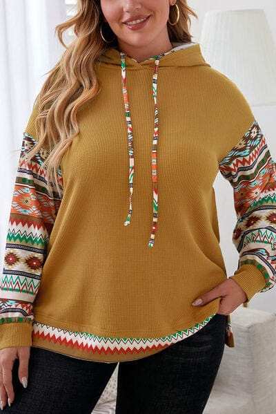 Plus Size Waffle-Knit Geometric Dropped Shoulder Hoodie - Trendsi - Flyclothing LLC