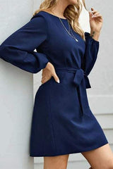 Tied Boat Neck Balloon Sleeve Mini Dress - Trendsi - Flyclothing LLC
