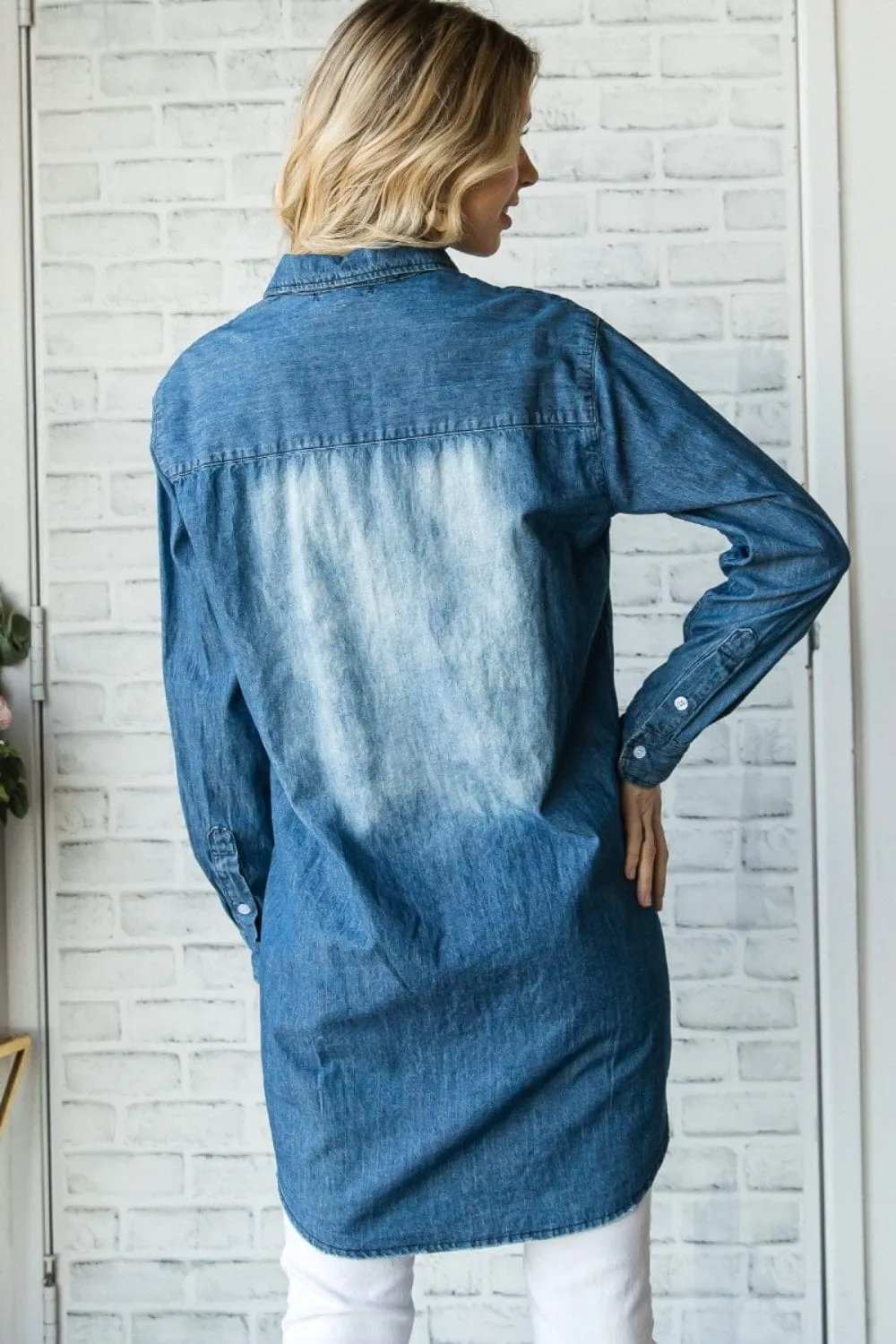 Veveret Pocketed Button Up Washed Denim Shirt - Trendsi - Flyclothing LLC