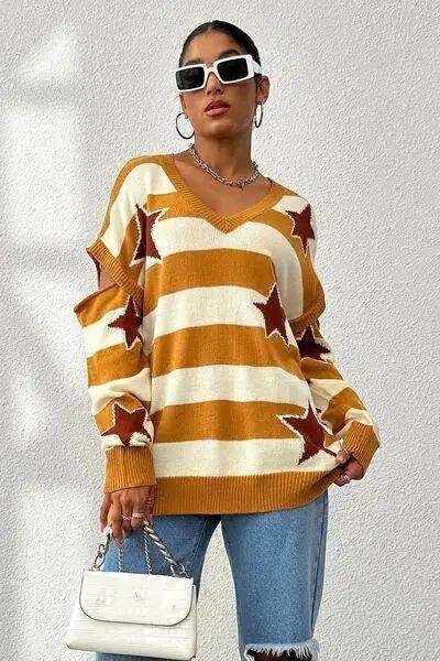 Star Pattern V-Neck Cutout Sweater - Trendsi - Flyclothing LLC