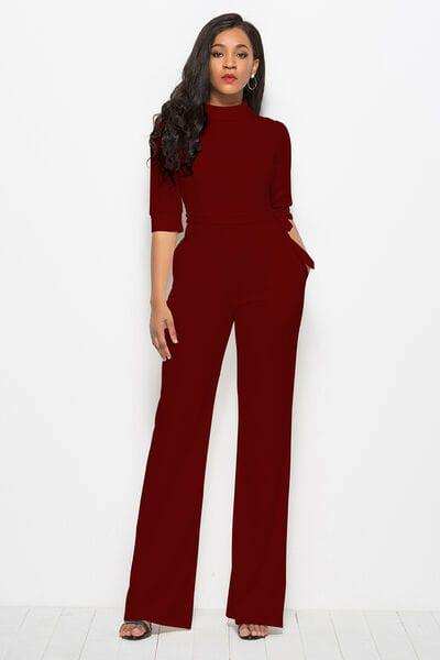 Mock Neck Tie-Waist Half Sleeve Jumpsuit - Trendsi - Flyclothing LLC