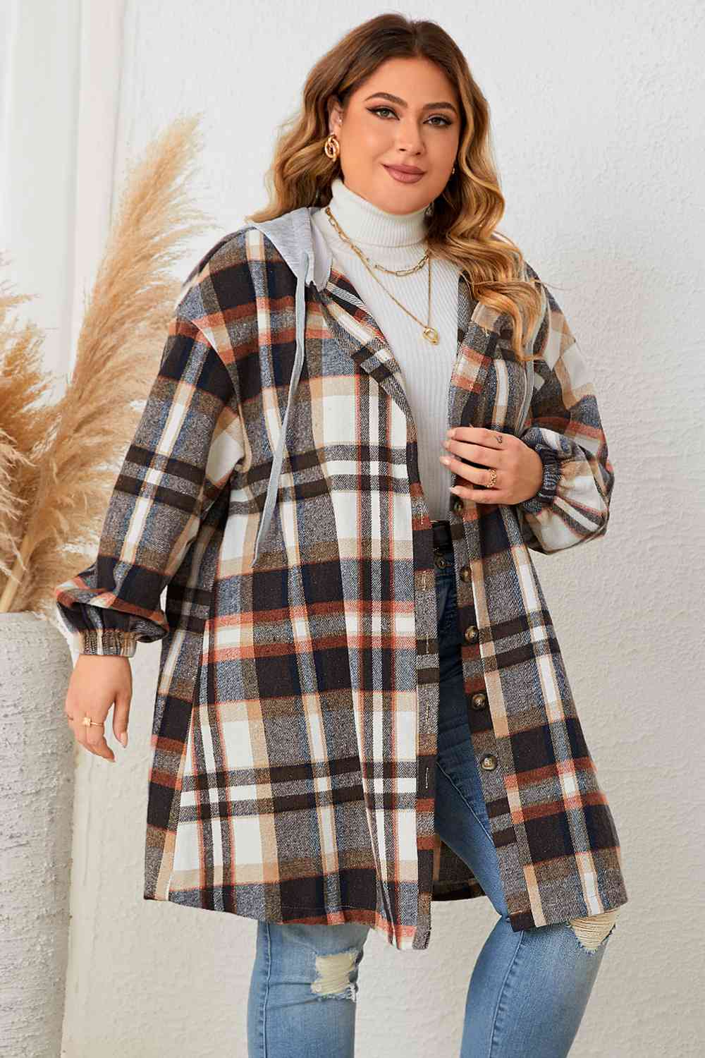 Plus Size Plaid Drop Shoulder Hooded Coat - Trendsi - Flyclothing LLC