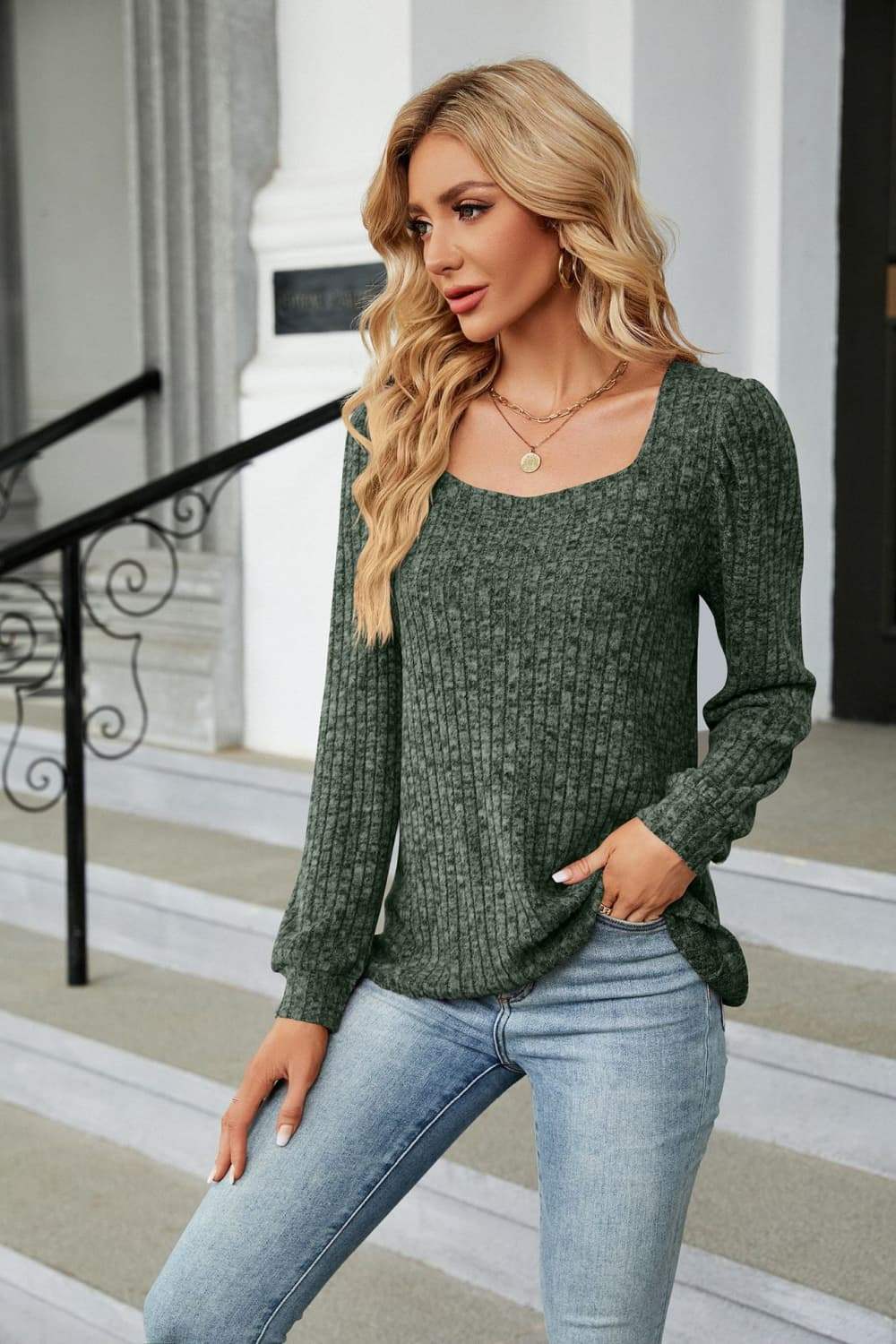 Ribbed Square Neck Long Sleeve T-Shirt - Trendsi - Flyclothing LLC