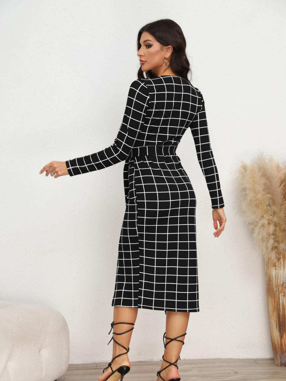 Plaid Long Sleeve Slit Dress - Trendsi - Flyclothing LLC