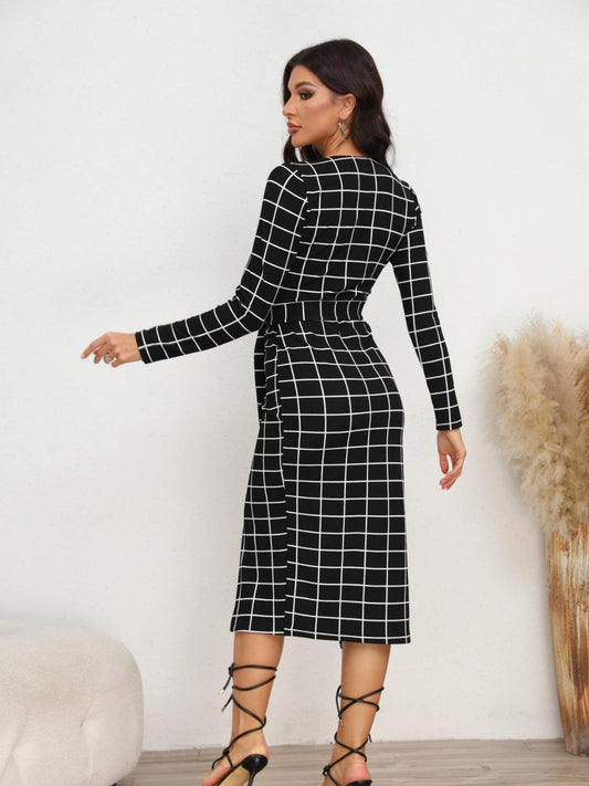 Plaid Long Sleeve Slit Dress - Trendsi