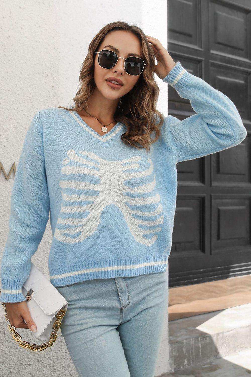 Skeleton Pattern V-Neck Long Sleeve Pullover Sweater - Trendsi - Flyclothing LLC