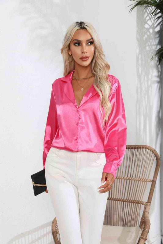 Lapel Collar Button Up Long Sleeve Shirt - Trendsi