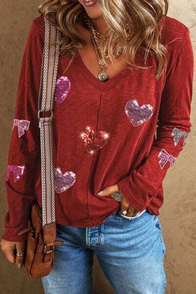 Sequin Heart V-Neck Long Sleeve T-Shirt - Trendsi - Flyclothing LLC