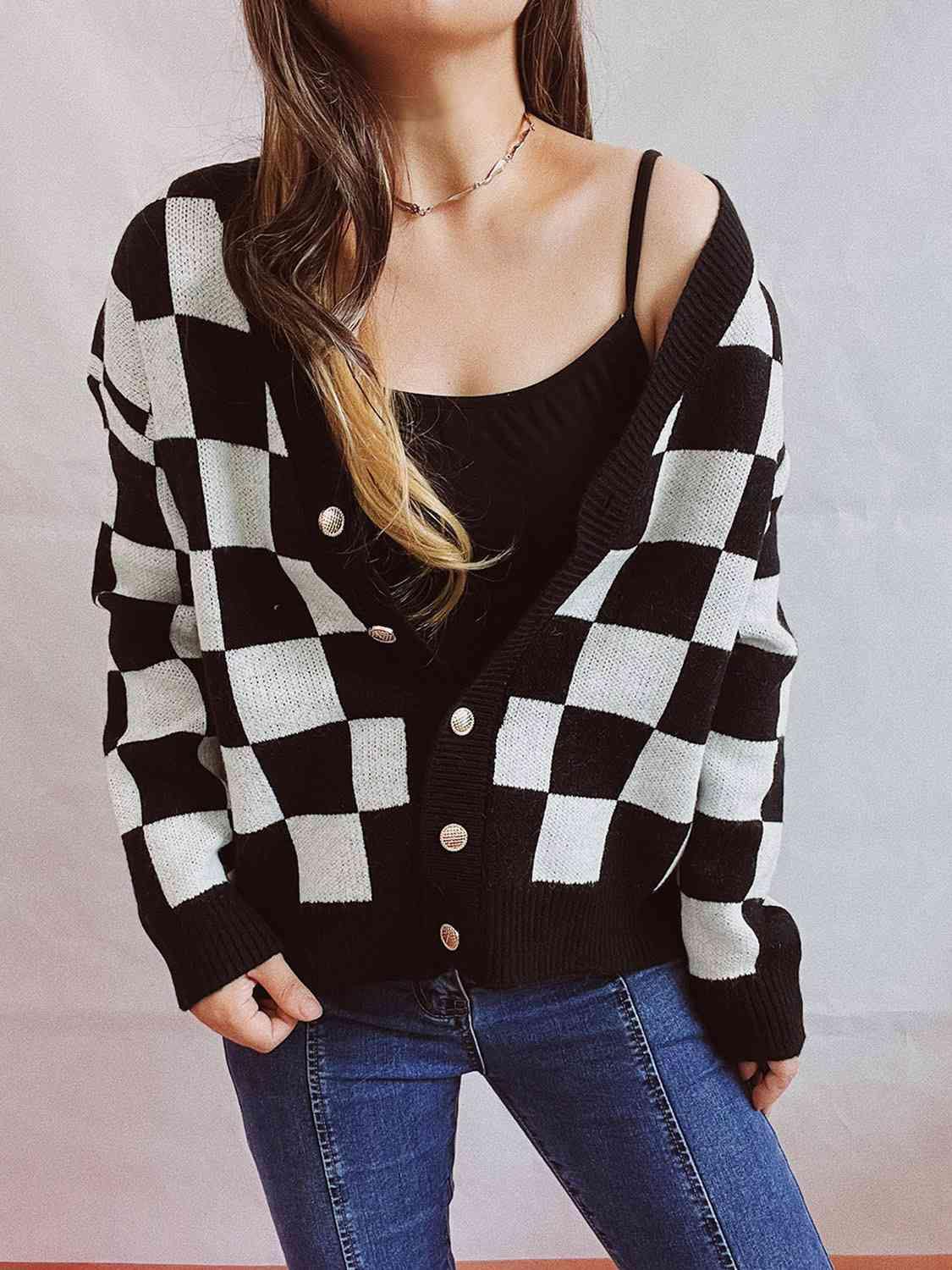 Checkered Open Front Button Up Cardigan - Trendsi