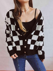 Checkered Open Front Button Up Cardigan - Trendsi