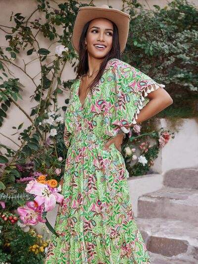 Smocked Floral V-Neck Short Sleeve Dress - Trendsi - Flyclothing LLC